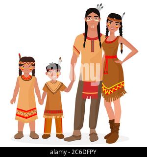 Famiglia tradizionale indiana nativa americana. Uomo e donna indiani d'America. Ragazzi indiani e bambine americane. Apache persone Illustrazione Vettoriale