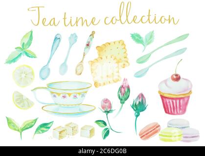 Tempo del tè. Collezione di tazzine d'acqua vintage, cucchiai, fiori, torte, biscotti di alto dettaglio. Set di piatti acquerelli per set ristorante, grafica di disegno acquerello Illustrazione Vettoriale