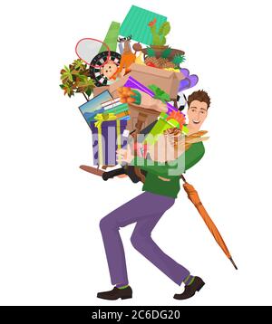 Uomo shopping e trasporta molti prodotti promozionali dalle vendite del deposito. Super Mega bonus di vendita Illustrazione Vettoriale