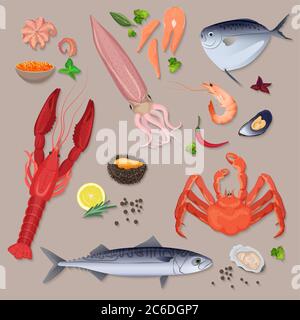 Pesce fresco vettoriale con set di spezie icone Illustrazione Vettoriale