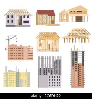 Vector Flat Building in costruzione. Set di icone per il processo di costruzione di edifici. Costruzione con gru Illustrazione Vettoriale