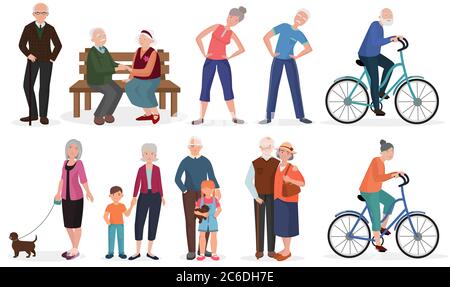 Raccolta di persone anziane in diverse situazioni di attività. Coppia nonni set Illustrazione Vettoriale