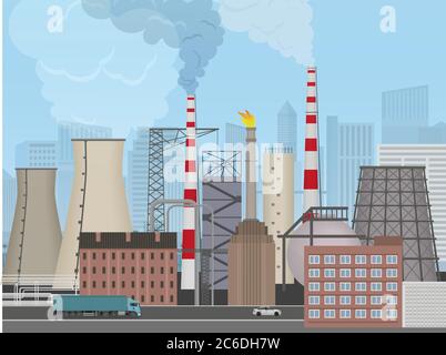 Stabilimento di produzione sullo sfondo della città. Paesaggio industriale. Concetto di inquinamento Illustrazione Vettoriale