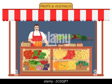 Negozio di frutta e verdura fresca. Illustrazione vettoriale del concetto di Fruit Seller Illustrazione Vettoriale