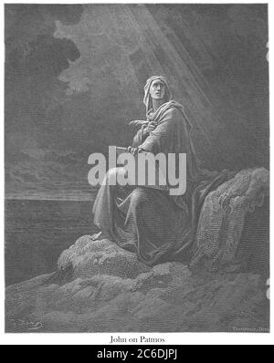 Giovanni a Patmos [Apocalisse 1:9] dal libro 'Bible Gallery' illustrato da Gustave Dore con memorie di Dore e Letter-press descrittivo di Talbot W. Chambers D.D. Pubblicato da Cassell & Company Limited a Londra e contemporaneamente da Mame a Tours, Francia nel 1866 Foto Stock