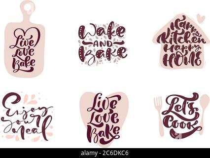 Insieme di calligraphy che cucinano le citazioni vettoriali per la cucina del blog di alimento del logo. Elemento di cottura disegno di citazione carino disegnato a mano. Per il ristorante, menu caffe' Illustrazione Vettoriale