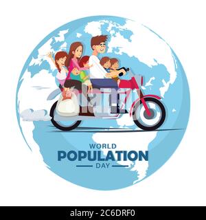 Giornata mondiale della popolazione, cavalcando tutta la famiglia con cane animale domestico su una moto, moto intorno al mondo, poster, illustrazione vettoriale Illustrazione Vettoriale