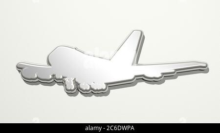 grande aereo sul muro. Illustrazione 3D di una scultura metallica su sfondo bianco con una texture delicata. Bella e blu Foto Stock