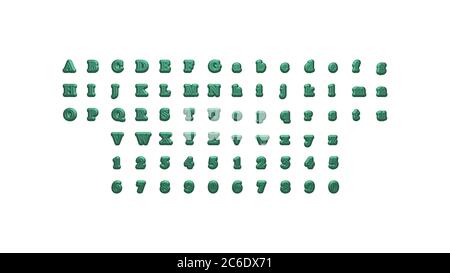 Alfabeti e numeri 3D con prospettive di corrispondenza su ciascun lato per la creazione di parole con calligrafia dettagliata su sfondo bianco Foto Stock