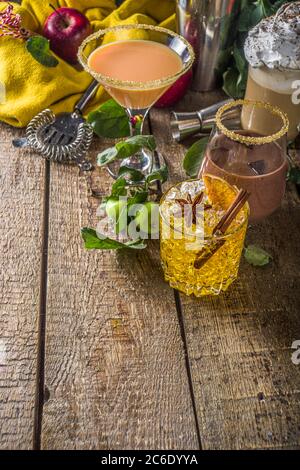 Vari cocktail invernali autunnali. Tradizionale bevanda alcolica autunnale calda e ghiacciata in diversi bicchieri Foto Stock