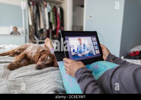Donna con tablet digitale video chattando con medico a letto con cane Foto Stock