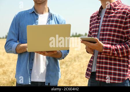 Giovani uomini con computer portatile in campo d'orzo. Attività agricola. Agricoltura Foto Stock