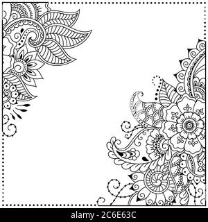 Stilizzato con motivo decorativo tatuaggi henné per decorare copertine per libro, taccuino, scrigno, rivista, cartolina e piegatrice. Fiore in stile mehndi Illustrazione Vettoriale