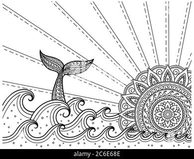 Balena immersione in mare contro il tramonto. Pagina libro da colorare antistress - paesaggio oceanico con onde, mandala sotto forma di sole, coda di pesce. Illustrazione Vettoriale
