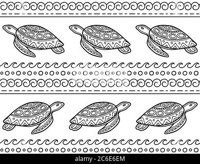 Motivo a tema ornamentale senza cuciture in stile etnico africano. Pagina del libro da colorare antistress - tartaruga marina, onde. Illustrazione Vettoriale