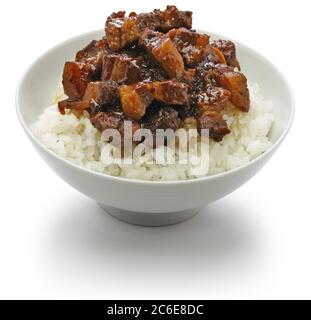 lu rou fan, ciotola di riso brasato taiwanese isolato su sfondo bianco Foto Stock