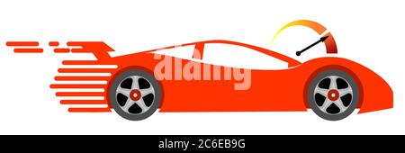 Concetto di consegna rapida. Auto rossa e tachimetro. Modello di design del logo per consegne rapide o aziende di taxi più veloci. Illustrazione vettoriale. Illustrazione Vettoriale