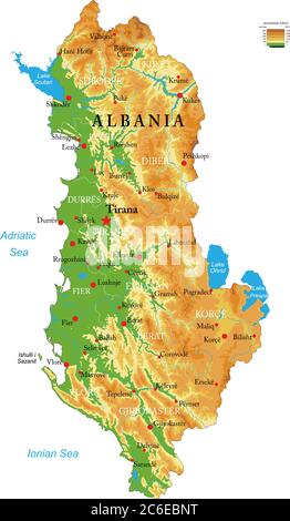 Mappa fisica altamente dettagliata dell'Albania, in formato vettoriale, con tutte le forme di rilievo, le regioni e le grandi città. Illustrazione Vettoriale