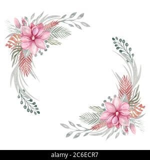 Acquerello Floral Boho telaio autunno fiori secchi e rami. Fiori rosa di foglie di Magnolia, foglie tropicali, il ramo di eucalipto. Botanico Foto Stock