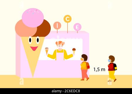 Social distancing e coronavirus covid-19 prevenzione: Mantenere una distanza di sicurezza dagli altri presso il negozio di gelati. Illustrazione Vettoriale