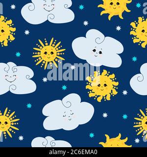 Ripetizione senza giunture. Sole giallo carino con un viso e un sorriso su uno sfondo blu con nuvole e stelle. Facce diverse - occhi aperti e chiusi. Design Illustrazione Vettoriale