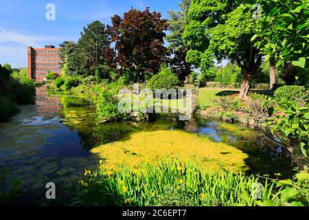 Vista primaverile dei Giardini sul fiume Derwent, Belper villaggio, nella Amber Valley, Derbyshire Dales, Inghilterra, Regno Unito Foto Stock