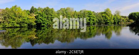 Vista primaverile dei River Gardens, del fiume Derwent, della città di Belper, della valle d'Amber, delle valli del Derbyshire, Inghilterra, Regno Unito Foto Stock
