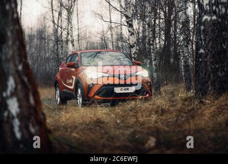 Brest, Bielorussia - 23 febbraio 2020: Toyota C-HR 2019 su strada di campagna n paesaggio forestale d'autunno. Foto Stock