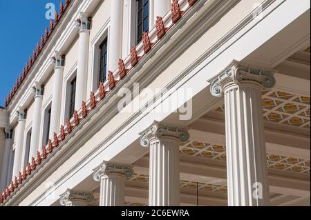 Dettagli architettonici della Getty Villa in un giorno di sole a Malibu, Los Angeles. Foto Stock