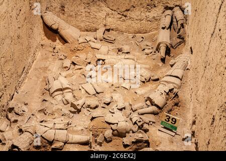 XIAN, CINA - 11 NOVEMBRE 2011 :l'esercito di terracotta o i Guerrieri di Terra cotta nel loro stato originale quando sono stati scoperti nella tomba dell'Imperatore Qin Shi Huang Foto Stock