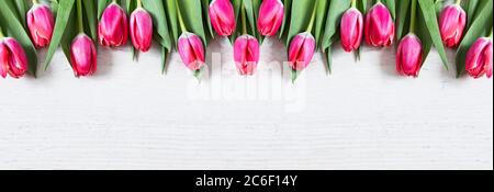 Fiori bordo panoramico di bei tulipani rosa su sfondo di legno. Biglietto d'auguri con tulipani per il giorno delle madri o Pasqua. Fiori primavera concetto. Foto Stock