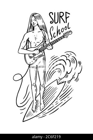 Ragazzo con una chitarra. Badge Surf, logo Vintage Surfer. Onda retrospettiva. Estate California. Uomo sulla tavola da surf. Emblema inciso disegnato a mano. Banner o poster. Illustrazione Vettoriale