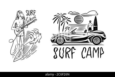 Ragazzo con una chitarra. Badge Surf, logo Vintage Surfer. Onda retrospettiva. Estate California. Uomo sulla tavola da surf. Emblema inciso disegnato a mano. Banner o poster. Illustrazione Vettoriale