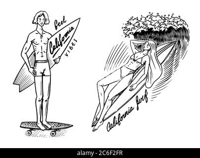 Badge Surf, logo Vintage Surfer. Onda retrospettiva. Estate California. Uomo sulla tavola da surf e mare. Emblema inciso disegnato a mano. Banner o poster. Illustrazione Vettoriale