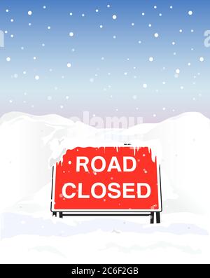 Un cartello stradale chiuso a causa di una forte nevicata. Formato vettoriale EPS10 Illustrazione Vettoriale