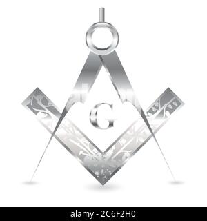 Quadrato in argento inciso e bussola isolata su bianco. Formato vettoriale EPS10 Illustrazione Vettoriale