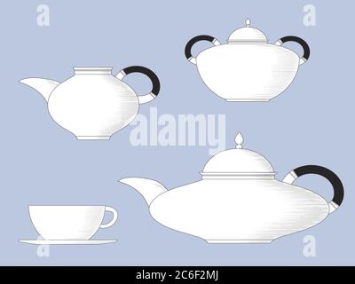Disegno in linea bianco e nero di teaset di stile antico, con teiera, tazza e piattino, caraffa di latte e recipiente dello zucchero. Formato vettoriale EPS10 Illustrazione Vettoriale