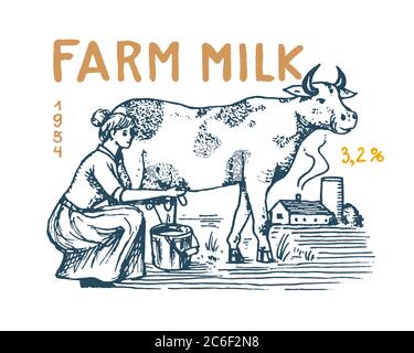 Etichetta del latte. Vacca e donna contadina, milkmaid e brocca e prato. Logo Farm Vintage per il negozio. Distintivo rurale per t-shirt. Schizzo di incisione disegnato a mano. Vettore Illustrazione Vettoriale