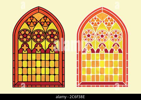 Una finestra in vetro colorato di stile gotico con calde tonalità di rosso, arancione e giallo. Due opzioni con contorno bianco o nero. Formato vettoriale EPS10 Illustrazione Vettoriale