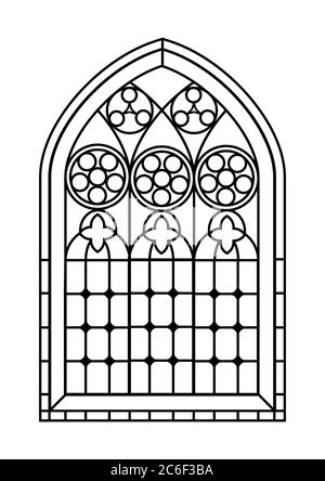 Una finestra in vetro colorato di stile gotico in bianco e nero. Pagina dell'attività colorazione disegno di contorno. Formato vettoriale EPS10. Illustrazione Vettoriale