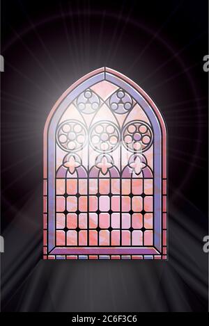 Una finestra in vetro colorato di stile gotico con luce solare che brilla attraverso. Formato vettoriale EPS10 Illustrazione Vettoriale