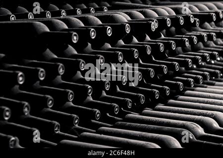 Bottiglie di vino argentino conservate simmetricamente in una cantina di un vigneto in provincia di Mendoza. Immagine in bianco e nero Foto Stock