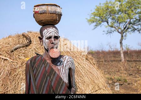 Donna dipinta della tribù Mursi con un piatto e un cesto in testa nel Parco Nazionale di Mago, Jinka, zona Debub Omo, Etiopia meridionale, Africa Foto Stock