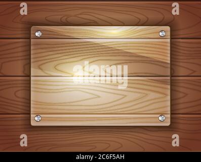 Placca di vetro realistica su sfondo di legno scuro. Spazio per il testo. Formato vettoriale EPS10. Illustrazione Vettoriale