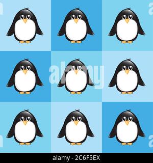 Uno sfondo senza cuciture di carini pinguini cartoon su sfondo a scacchi in sfumature di blu. Formato vettoriale EPS10 Illustrazione Vettoriale