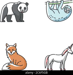 Animali comuni e fantasy set di icone di colore RGB. Panda orso, sloth, volpe e unicorno magico. Abitanti dello zoo tropicale, fauna selvatica esotica. Vettore isolato i Illustrazione Vettoriale