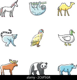 Set di icone RGB per mammiferi e uccelli. Animali volanti e terrestri. Fauna selvatica foresta comune, fauna tropicale e creature fantasy. Illustra vettore isolato Illustrazione Vettoriale