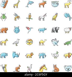 Set di icone di colore RGB animali. Fauna selvatica diversa, fauna diversa. Specie animali comuni ed esotiche. Creature di volo, terra e mare. Vettore isolato illu Illustrazione Vettoriale
