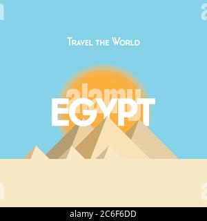 Poster di viaggio in stile piatto su tema egiziano, che mostra piramidi, sole e sabbia. Formato vettoriale EPS10 Illustrazione Vettoriale