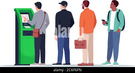In attesa di un'illustrazione vettoriale a colori RGB semipiatta ATM. Le persone si accodano per pagare con il terminale. Prelevare contanti dal chiosco. Cartoni animati isolati dei clienti bancari Illustrazione Vettoriale